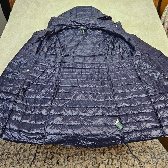 Lauren Ralph Lauren Quilted Puffer Hood Long Coat Navy Preppy Women M Duck Down - Picture 2 of 13